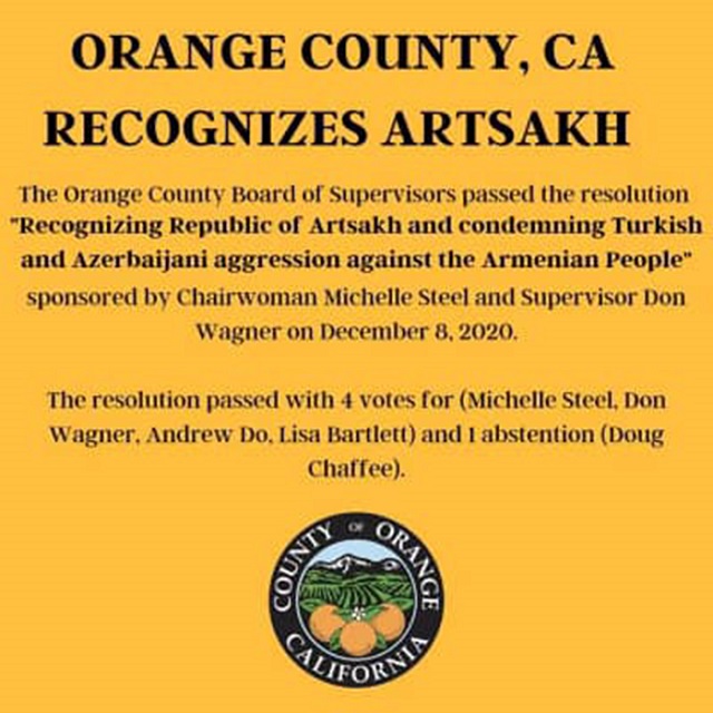 The Orange County, CA board of supervisors has recognized Artsakh and condemned Azerbaijani aggression