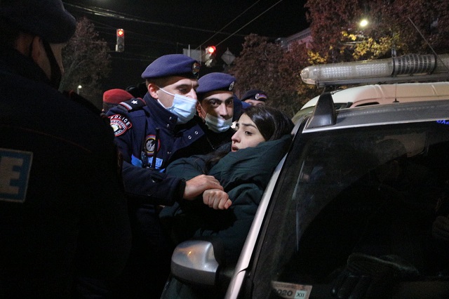 A young woman getting detained by police during a protest in Armenia, December 25, 2020 (Photo: Armenian Revolutionary Federation/Facebook)