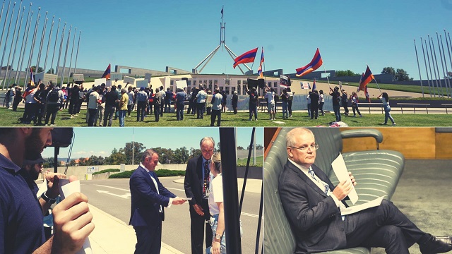 Prime Minister Scott Morrison receives letter calling for #RecognizeArtsakh from Armenian-Australian protestors at Federal Parliament House