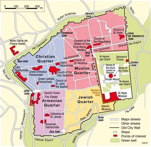 A map of the quarters that make up Jerusalem’s Old City