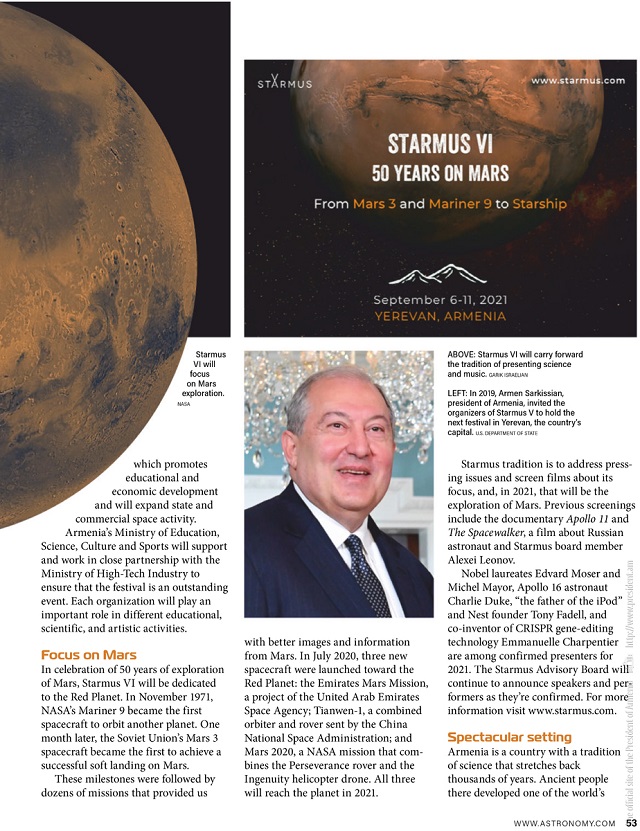 The renowned Astronomy Magazine wrote about STARMUS VI Festival to take place in Yerevan in September