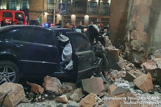 “Mercedes S500” car ran off the roadway, collided with two underpass walls, then to one of the poles of “Hayrenik” cimena. As a result of collision the retaining walls and the stone pole collapsed