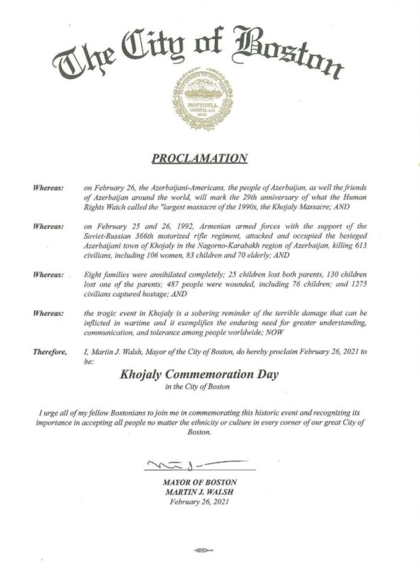 City of Boston proclaims February 26 Khojaly Commemoration Day