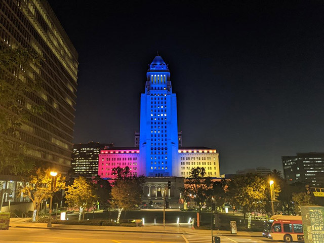 Los Angeles City Hall illuminated with Armenian tricolor, in commemoration of the anniversary of the 44-day Artsakh war ceasefire declaration