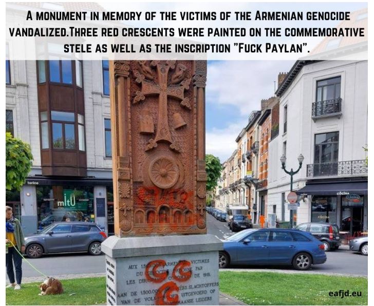 Khachkar in memory of the victims of the Armenian Genocide in Brussels desecrated by the “Grey Wolves”