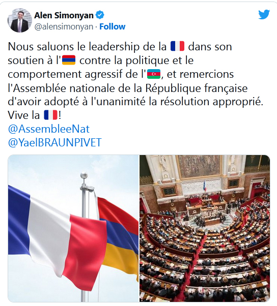 Armenian Speaker of Parliament commends French National Assembly for resolution calling for Azerbaijan sanctions