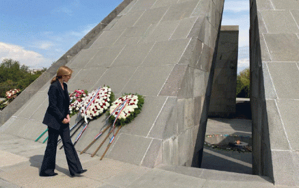 Samantha Power pays respects to the victims of the Armenian genocide at Tsitsnadebrd following her arrival in Armenia