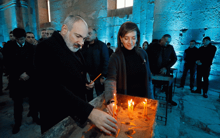 Nikol Pashinyan and his wife, Anna Hakobyan attends Christmas concert in the non-functioning St. Grigor church in Aruch
