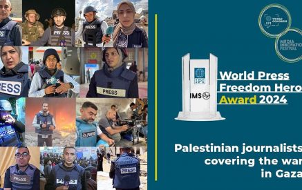 Palestinian journalists covering Gaza receive 2024 IPI-IMS World Press Freedom Hero award