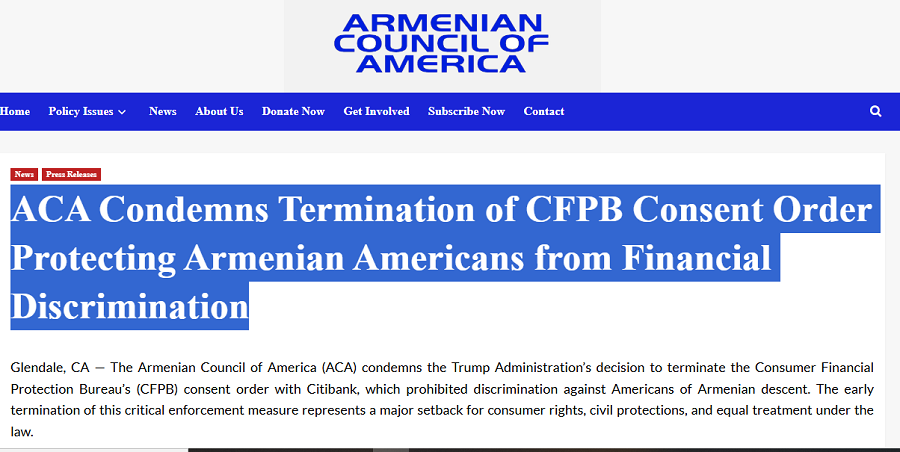 ACA Condemns Termination of CFPB Consent Order Protecting Armenian Americans from Financial Discrimination