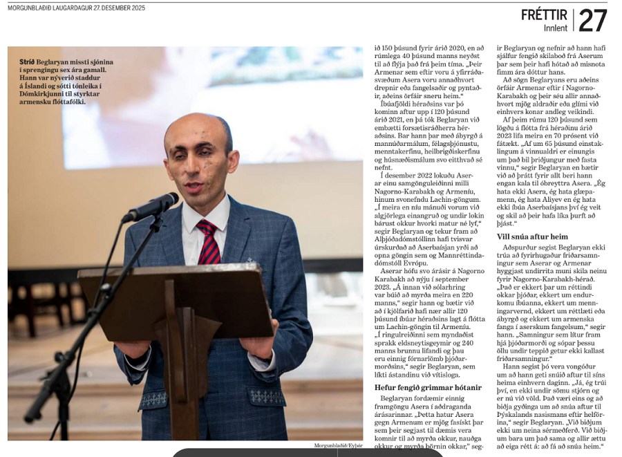 “A Framework for a Lifetime of Conflict,” Artak Beglaryan’s Interview to Icelandic Largest Newspaper Morgunblaðið